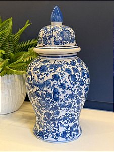 Potiche Cerâmica Azul e Branco 37CM
