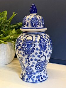Potiche Cerâmica Azul e Branco 37CM