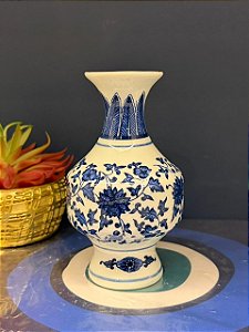 Vaso Decorativo - Cerâmica - Azul e Branco - 14CM