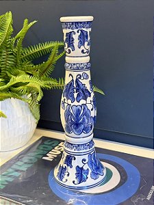 Castiçal - Porta Vela - Cerâmica - Branco e Azul - 31CM