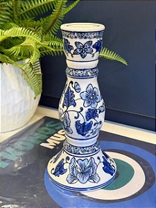Castiçal - Porta Vela - Cerâmica - Branco e Azul - 21CM