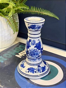 Castiçal - Porta Vela - Cerâmica - Branco e Azul - 16CM