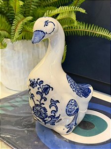 Escultura - Ganso Decorativo - Cerâmica - Azul e Branco