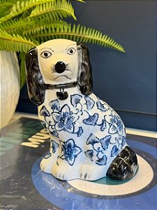 Escultura - Cachorro Decorativo - Cerâmica - Azul e Branco
