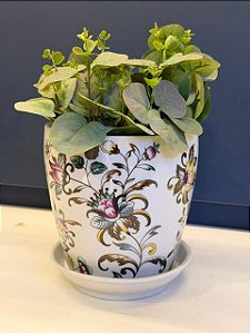 Cachepot em Cerâmica - Flores - Off White e Colorido - 16CM