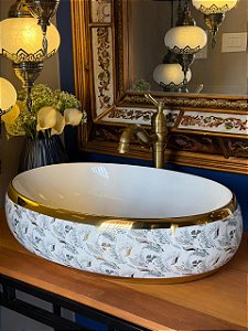 Cuba Sobrepor - Arabesco - Oval - Branco e Dourado