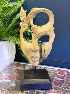 Escultura Mascara Festa - Decorativo - Madeira - Com Base
