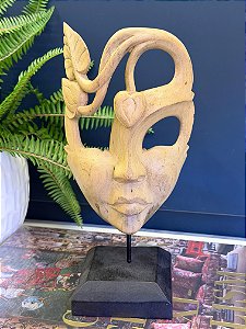 Escultura Mascara Festa - Decorativo - Madeira - Com Base