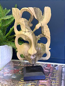 Escultura Mascara Festa - Decorativo - Madeira Com Base