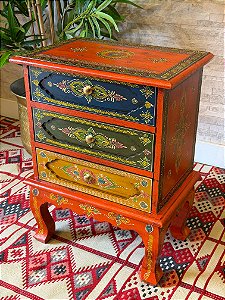 Gaveteiro em Madeira - Pintado à mão - 3 Gavetas - Laranja e Colorido