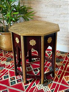 Mesa Sextavada - Marchetaria - Madeira - Marrom e Dourado - 52CM