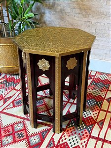 Mesa Sextavada - Marchetaria - Madeira - Marrom e Dourado - 45CM