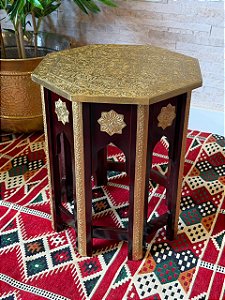 Mesa Sextavada - Marchetaria - Madeira - Marrom e Dourado - 45CM