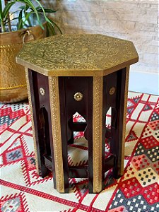 Mesa Sextavada - Marchetaria - Madeira - Marrom e Dourado - 37CM