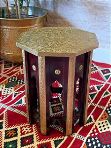 Mesa Sextavada - Marchetaria - Madeira - Marrom e Dourado - 37CM