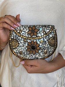 Bolsa Clutch em Metal - Madrepérolas e Dourado - Com Alça