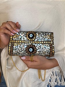 Bolsa Clutch em Metal - Madrepérolas e Dourado - Olho Grego - Com Alça