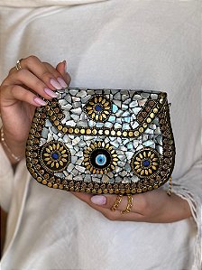Bolsa Clutch em Metal - Madrepérolas e Dourado - Olho Grego - Com Alça