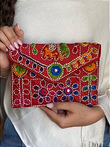 Bolsa Clutch - Tecido - Bordado - Vermelho e Colorido