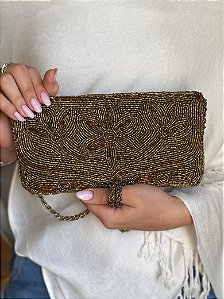 Bolsa Clutch - Tecido - Miçangas - Marrom e Dourada