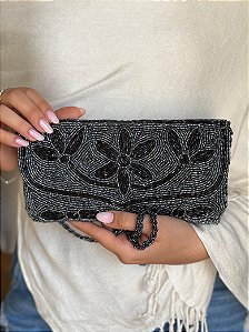 Bolsa Clutch - Tecido - Miçangas - Preto e Cinza