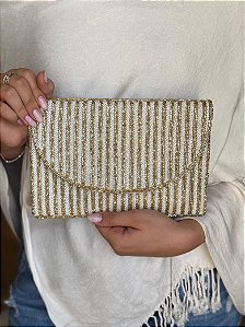 Bolsa Clutch - Tecido - Miçangas - Branco e Dourado