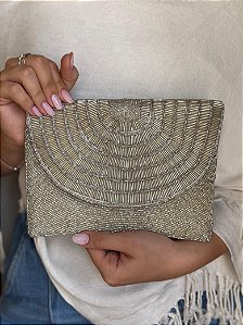 Bolsa Clutch - Tecido - Miçangas - Branco e Champanhe