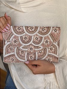 Bolsa Clutch - Tecido - Miçangas - Rosa Claro e Branco