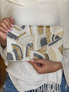 Bolsa Clutch - Tecido - Miçangas - Branco, Cinza e Dourado