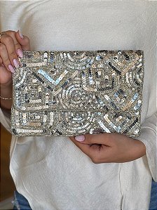 Bolsa Clutch - Tecido - Miçangas - Branco e Prata