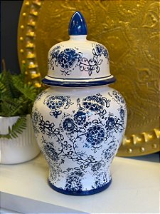 Potiche - Cerâmica - Azul e Branco - Flores - 45CM