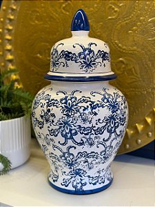 Potiche - Cerâmica - Azul e Branco - Flores - 45CM