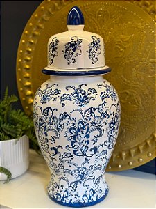 Potiche - Cerâmica - Azul e Branco - Flores - 59CM