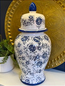 Potiche - Cerâmica - Azul e Branco - Flores - 59CM