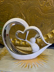 Escultura - Coelho e Coração - Decorativo - Cerâmica - Branco e Prata - 21CM