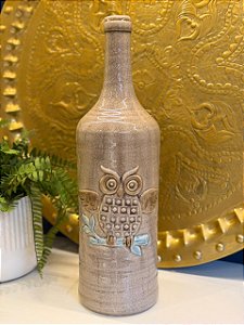 Vaso Garrafa - Ceramica - Bege - Coruja - 46CM