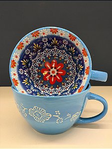 Bowl com Alça - Cerâmica - Azul Claro e Colorido