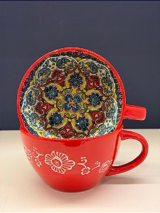 Bowl com Alça - Cerâmica - Vermelho e Colorido