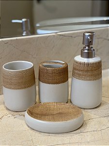 Kit Saboneteira - Cerâmica - Branco e Bege