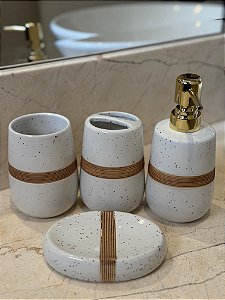 Kit Saboneteira - Cerâmica - Branco e Bege