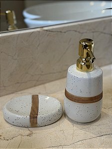 Kit Saboneteira - Cerâmica - Branco e Bege