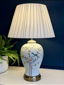 Abajur - Cerâmica - Pássaros e Flores - Azul Claro com Cúpula