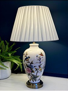 Abajur - Cerâmica - Pássaros e Flores - Off White e Colorido com Cúpula