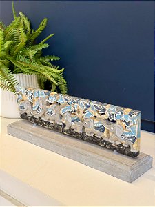 Escultura Madeira - Elefante - Azul e Amarelo