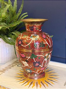Vaso - Decorativo - Latão - Vermelho e Colorido - 23CM