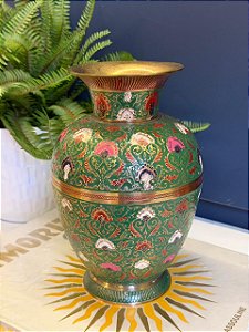 Vaso - Decorativo - Latão - Verde e Colorido - 23CM