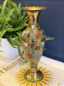 Vaso - Decorativo - Latão - Verde e Colorido - 31CM