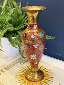 Vaso - Decorativo - Latão - Vermelho e Colorido - 31CM