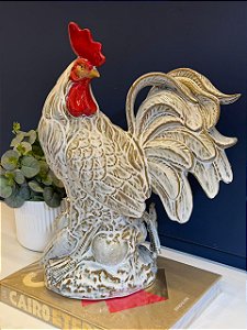 Galo Decorativo - Cerâmica - Branco - 45CM