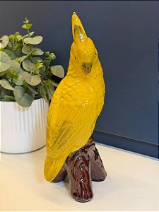 Escultura Cacatua - Decorativa - Cerâmica - Amarelo e Marrom